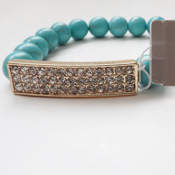 Cookie Lee NWT Turquoise Colored Bead Stretch Bracelet w/ Rhinestone Bar - Picture 8 of 10